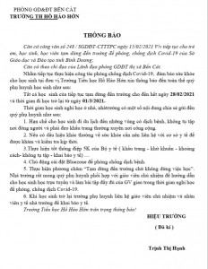 THÔNG BÁO VỀ VIỆC TIẾP TỤC CHO HỌC SINH TẠM DỪNG ĐẾN TRƯỜNG ĐỂ PHÒNG CHỐNG DỊCH COVID - 19