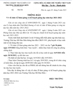 THÔNG BÁO VỀ VIỆC TỔ CHỨC LỄ KHAI GIẢNG VÀ KẾ HOẠCH GIẢNG DẠY NĂM HỌC 2021 - 2022