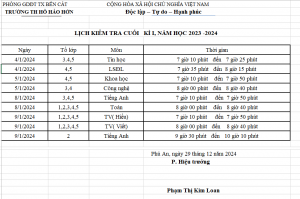 LỊCH KIỂM TRA HỌC KÌ I NĂM HỌC 2023 - 2024