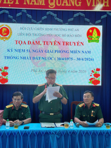 LIÊN ĐỘI TRƯỜNG TIỂU HỌC HỒ HẢO HỚN PHỐI HỢP HỘI CỰU CHIẾN BINH PHƯỜNG PHÚ AN TỔ CHỨC TỌA ĐÀM, TUYÊN TRUYỀN KỶ NIỆM 51 NĂM NGÀY GIẢI PHÓNG MIỀN NAM, THỐNG NHẤT ĐẤT NƯỚC (30/4/1975 – 30/4/2026)