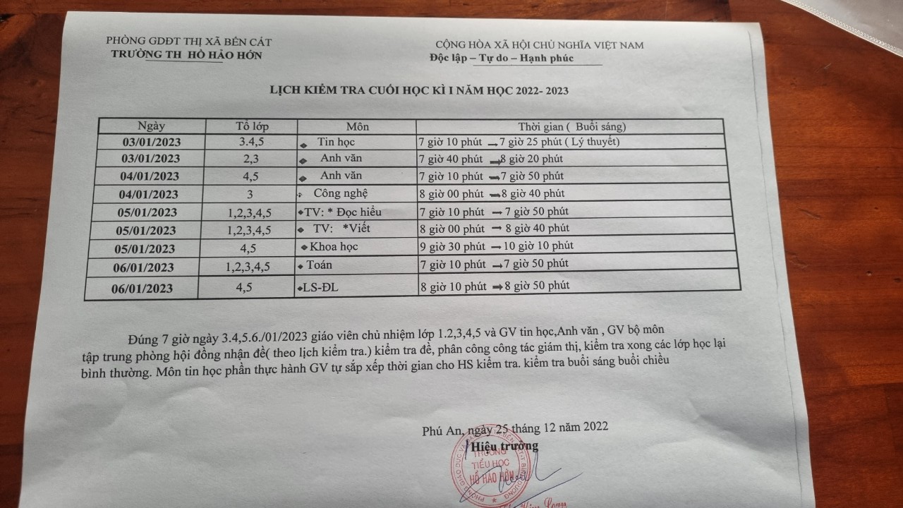 Lịch Kiểm Tra Cuối Học Kỳ I Năm học 2022 - 2023